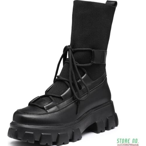 Stretch Womens Lace up Boots Genuine Leather Fashion Women Long Boots 2020 Autumn Ladies Platform plus size 44 Footwear