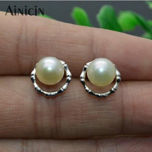 Nearly Round Natural Freshwater Pearl S925 Sterling Silver Round Circle Stud Earrings Fashion Women Party Jewelry 5pairs
