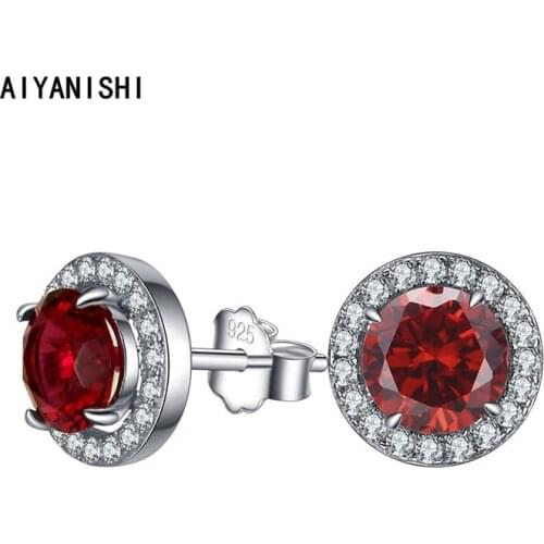 AIYANISHI Fashion 925 Sterling Silver Stud Earrings Halo Red Silver Stud Earrings for Women Wedding Engagement Party Lover Gifts
