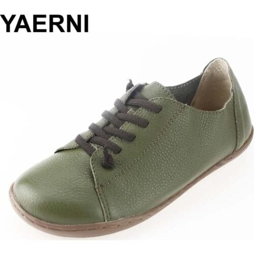 YAERNI Women Shoes Flat 100% Authentic Leather Plain toe Lace up Ladies Shoes Flats Woman Moccasins Female Footwear (5188-6)