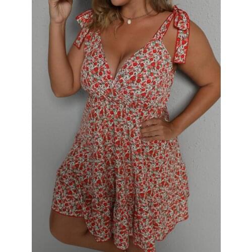2021 Summer Slip Dress Plus Size Women V Neck Sleeveless Floral Print Strap Vocation Beach Dress High Waist Summer Sundress