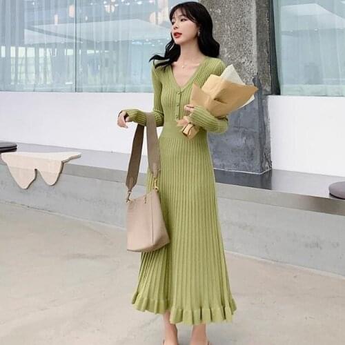 Black Dress for Women High Waist Hugging Jersey Dress Thickening Autumn V-neck High Elastic Woolen Skirt Long Sleeve Women Dress