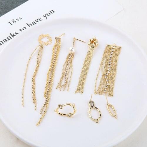 2pcs Copper plated Vintage Gold Color Long Thread Tassel stud Earrings for Women zircon chain earrings DIY jewelry materials