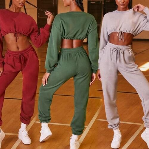 2021 Autumn Winter Stylish Casual Tracksuits O-neck Long Sleeve Drawstring Crop Top & Lace Up Harem Pants Female Sport 2 Pcs Set