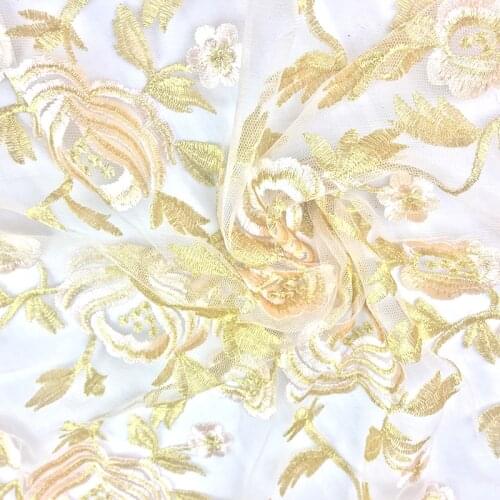 One meter Quality gauze fabric Golden Rose embroidery fabric High grade dress wedding dress DIY tissus