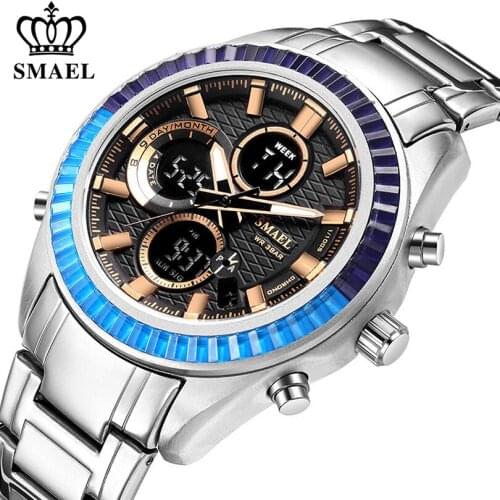 SMAEL Fashion Sports Watches Men Digital Watch Countdown Stainless Steel Strap Business Men Wristwatch Quartz Analog Clock Male