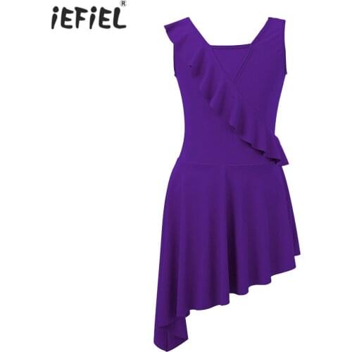 Kids Teen Sleeveless Asymmetrical Ballet Dress Girls Gymnastics Dance Leotard Dress Contemporary Latin Lyrical Dance Costumes