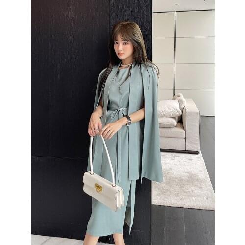 Haze Blue Windbreaker Womens Mid Long 2021 Spring New High End Atmospheric Acetic Acid Satin Suit Cape Coat