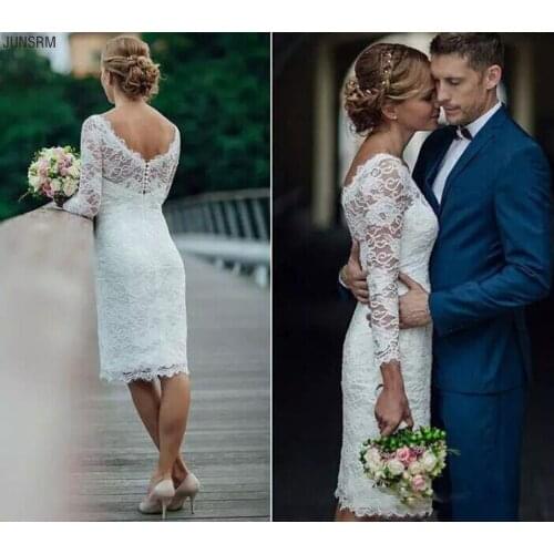 Elegant Short Summer Lace Wedding Dresses Knee Length Simple White Ivory Sheath Wedding Dresses Bridal Gowns With Long Sleeves