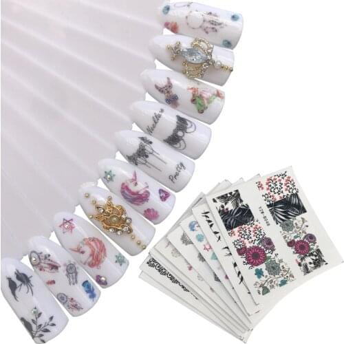 Colorful Flower Coconut Tree Black Bird Nail Art Water Decals Transfer Stickers Cute Cartoon Nails Salon Sticker Decoration