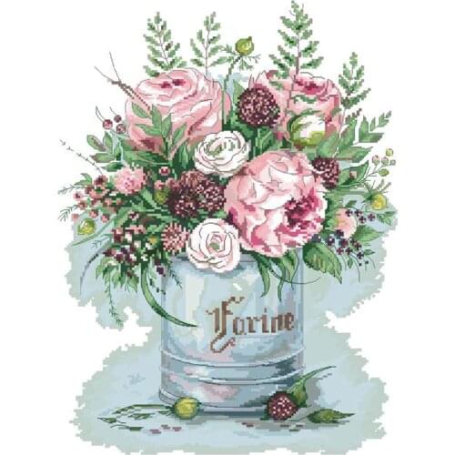 Gold Collection Lovely Counted Cross Stitch Kit Pink Roses Flower Flowers Bouquet Vase Panna