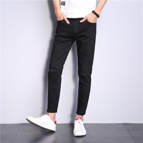 2019 New men skinny ripped Stretch black jeans Fashion Brand Men hip hop motorcycle Solid color Knee hole Jogger denim pants