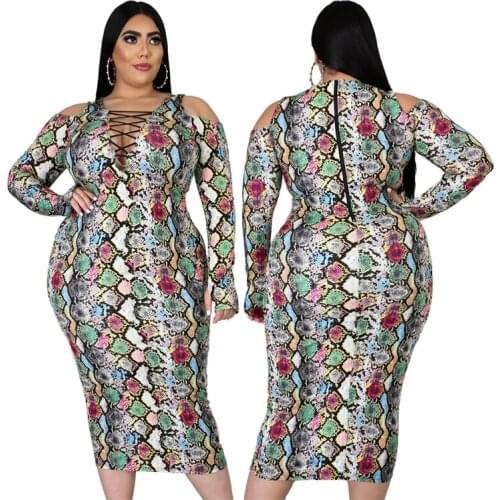 Fall Clothes Dresses for Women High Waist Sexy V Neck Long Sleeve Dress Snake Print Plus Size Dress Wholesale Dropshipping