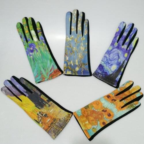 Van Gogh Oil Painting Gloves Women Digital Print Party Mittens Luxury Brand Embroidery Touch Screen Glove Femme Cycling Guantes