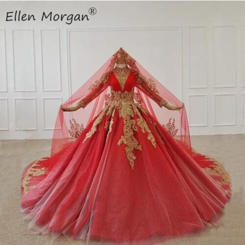 Saudi Arabian Colorful Wedding Dresses Luxury 2021 Real Photos Long Sleeves High Neck lace Dubai Bridal Ball Gowns For Women