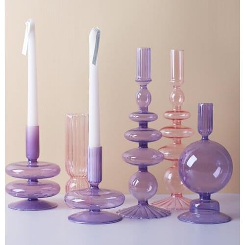 Nordic romantic Glass candle holders purple pink wedding centerpieces Bougeoir candlestick home living room decoration portavela