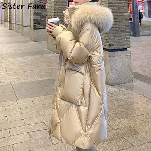 Sister Fara 2021 Winter Women Long Glossy Hooded Down Jacket Coat Female Thicken Warm Parka Coat Stand-up Collar Down Jacket