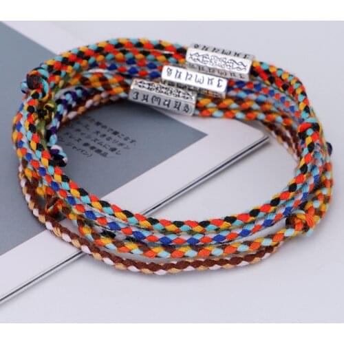Handmade Tibetan Buddhist Lucky Woven Amulet Bracelets & Bangles Tibetan Silver Six-Character Mantra Charm Rope Buddha Bracelet