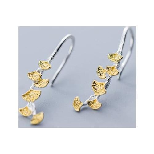 1Pair Authentic Real 100% 925 Sterling Silver fine Jewelry Golden gingko Leaf Hook dangle Earrings GTLE2557