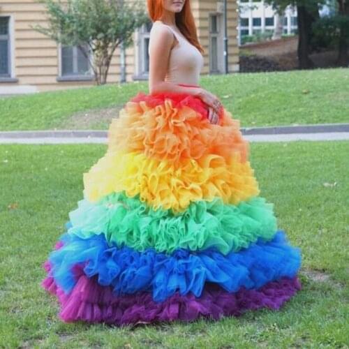 Chic Tiered Rainbow Color Tulle Ball Gown Long Skirt 2020 Ladies Puffy Tulle Formal Prom Skirt Women Zipper Style Cosplay Skirts