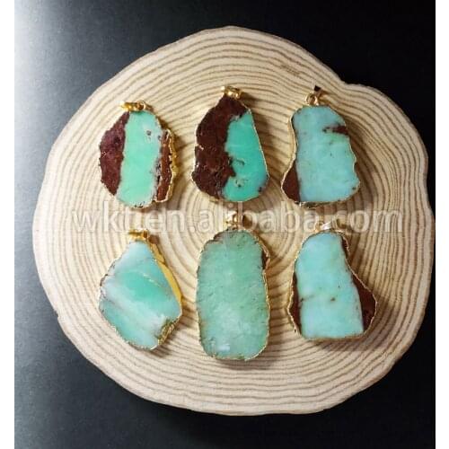 WT- P677 WKT Wholesale natural chrysoprase stone pendants,WKT jewelry stone pendant in gold trim for women