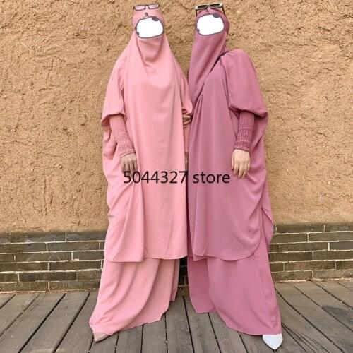 Women Muslim Prayer Garment Jilbab Set 2 Pcs Hooded Abaya with Long Skirt Dubai Saudi Turkey Islamic Clothes Khimar Niqab Burqa