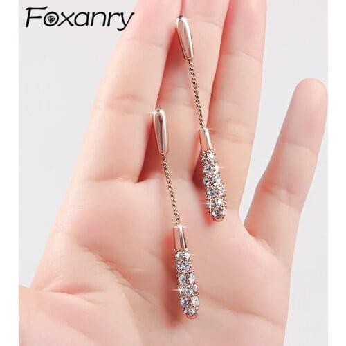 FOXANRY Prevent Allergy S925 Sterling Silver Ear Pin Stud Earrings for Women Trend Elegant Sparkling Zircon Tassel Bride Jewelry
