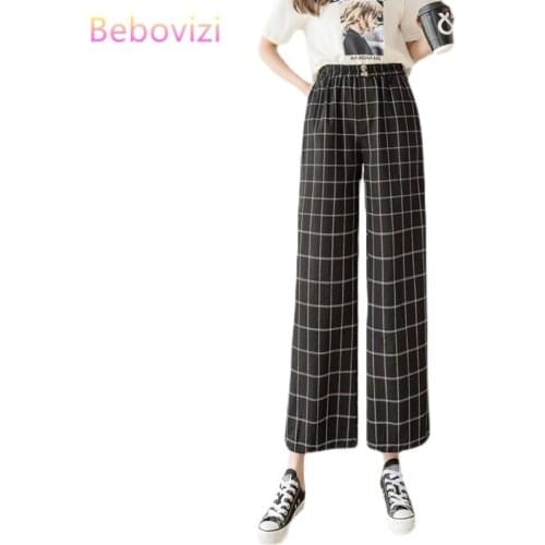 2021 New Cotton Linen Loose Wide-leg Pants Summer Women High Waist Green Black White Plaid Ankle-Length Casual Pants Trousers