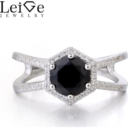 Leige Jewelry Black Gemstone Genuine Solid 925 Sterling Silver Natural Black Spinel Anniversary Ring Round Cut Gifts for Women