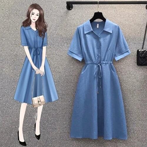 Single-breasted polo collar dress female 2021 summer new Korean version of loose high waist mid-length knee-length casual dress