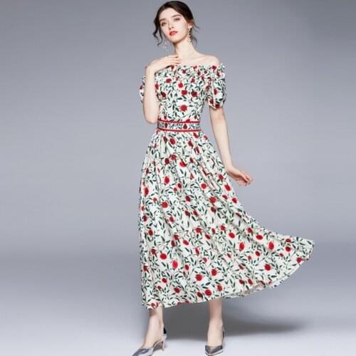 2021 New Summer Women Slash Neck Sexy Off Shoulder Elastic Bust Ruffles Chiffon Long Beach Holiday A Line Dress Vestidos