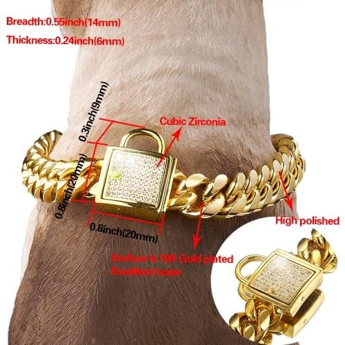 Cubas Dog Chain Gold Stainless Steel Gem Lock Catch Pet Supplies Luxury Sturdy Durable Custom Length Dog Leash Wholesale