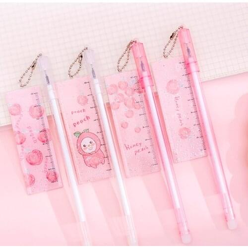 24 PCs Neutral Peach Ruler Pendant Gel Pens Set Cute Little Fairy Neutral Pen Student Signature Pen Writing Tools Wholesale
