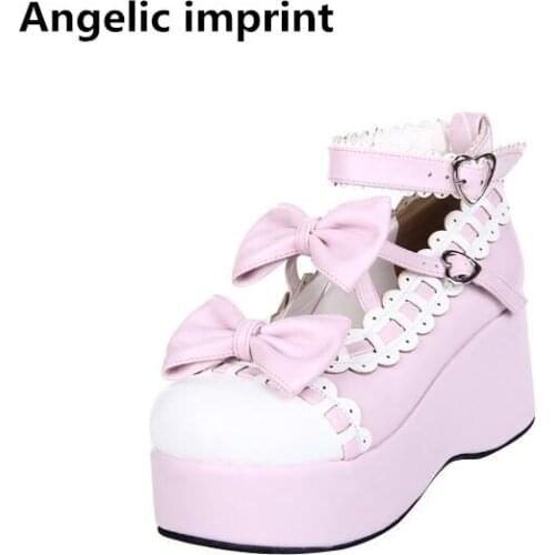 Angelic imprint handmade woman mori girl lolita cosplay shoes lady high heels pumps women princess dress party shoes 8cm bowties