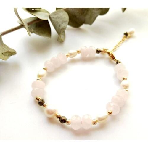 Lii Ji Natural Rose Quartz Freshwater Pearl Pyrite American 14K Gold Filled Adjustabout Bracelet