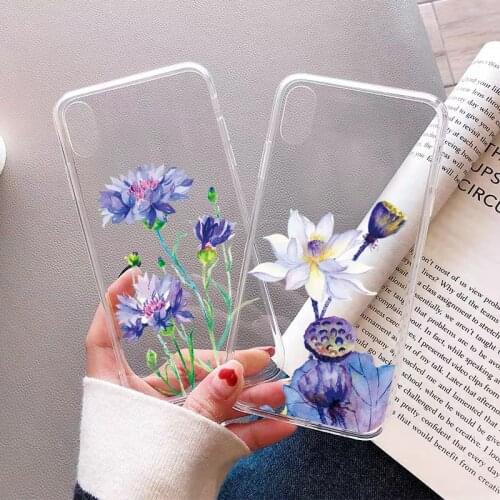 Purple Blue Flowers Phone Case for iphone X XS MAX XR 12 11 Pro Max 6 7 8 Plus SE 2020 Soft Clear Transparent Back Cover Fundas