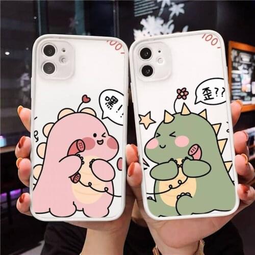Phone Case For iPhone 12 11 Mini Pro XR XS Max 7 8 Plus X Cute Cartoon Animal Dinosaur Couple Matte transparent White Cover