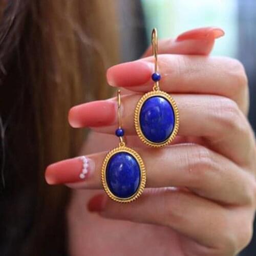 Designer original new oval lapis lazuli short earrings cold wind exquisite temperament ladies silver jewelry