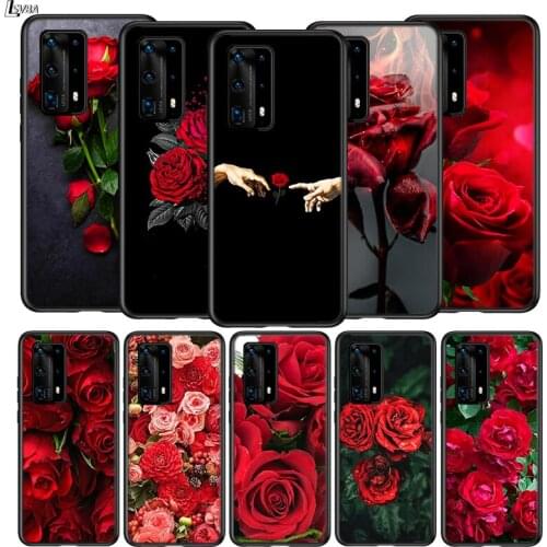 For Huawei P40 P30 P20 Pro Lite E Plus 5G Bright Black Cover Beautiful Red Roses For Huawei P10 P9 P8 Lite Phone Case