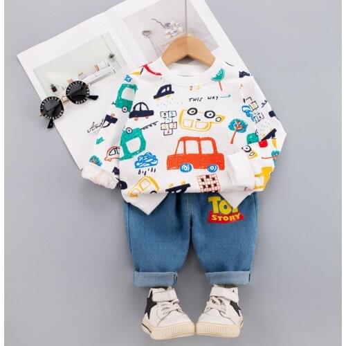 Baby Boy Clothing Sets 2021 Fashion Autumn Kids Infant Full Print Cartoon Car O-neck Tops+Denim Pants Toddler Girl Clothes Suits