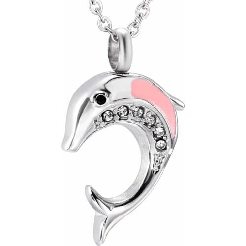 IJD8324 Pink Dolphin With Crystal Memorial Urn Necklace Love Protect Animal Funeral Jewelry Hold Ashes Casket Cremation Necklace