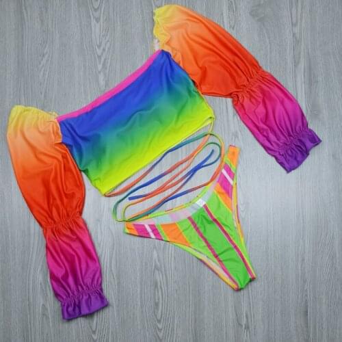 Push Up Bandeau Bikini Swimsuit 2021 Womens Twp Piece Long Sleeves Swimwear Bathing Suit Sexy High Leg Thong Biquini Beach Wear