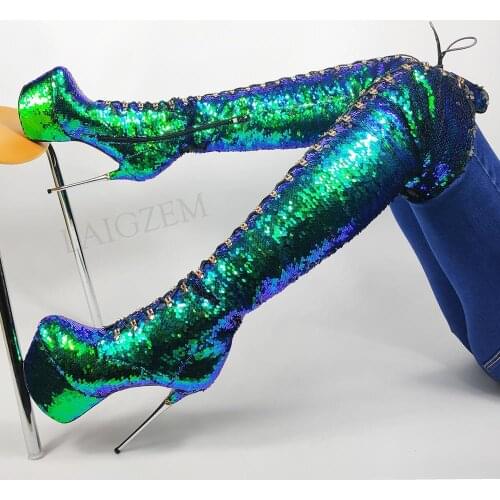 LAIGZEM Women Over Knee High Platform Boots Sequined Stiletto Metal Heels Side Zip Boots Party Club Shoes Woman Size 39 41 42 43