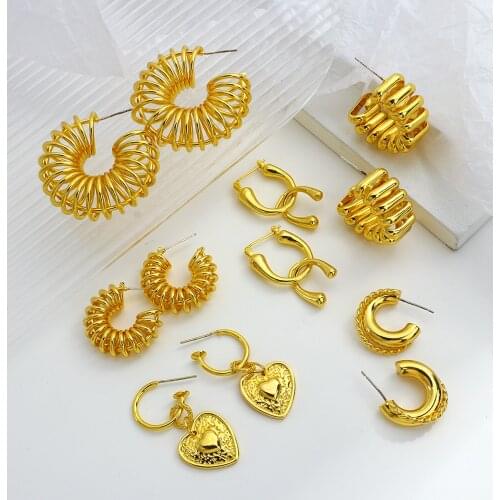 Lifefontier Punk Rose Gold Color Copper Hoop Earrings for Women Multiple C-shapled Love Heart Pendant Earrings Korean Jewelry