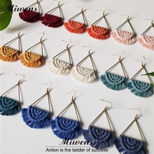 Miwens Ethnic INS Fashion Fiberlove Tassel Sector Dangle Earrings For Women Metal Triangle Macrame Fringe Hanging Earring Gifts