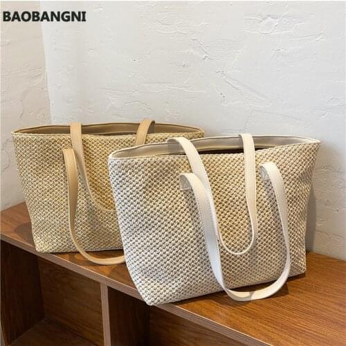 Fashion Women Beach Summer Straw Woven Pure Color Shoulder Shopping Tote Bag Casual Ladies Large Capacity Handbags