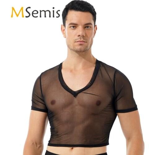 Mens See-through Mesh Crop Top V Neck Short Sleeve Cropped T-shirt for Party Nightclub Sexy Tops Tees Stage Show Costsume