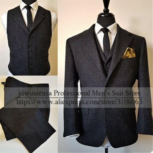 Winter Black Men Suits Wool Blend Notch Lapel Formal Business Tuxedos Blazer Pants Custom Made Slim Fit Jacket For Wedding New