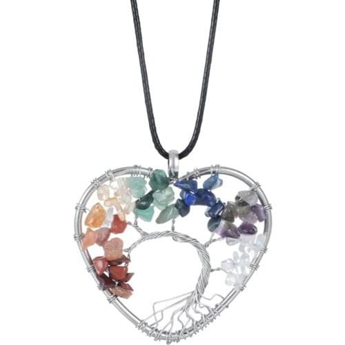 Natural Healing Crystals Quartz Tree of Life Necklace 7 Chakras Stone Pendant Mothers/Fathers Day Women Men 60CM Leather