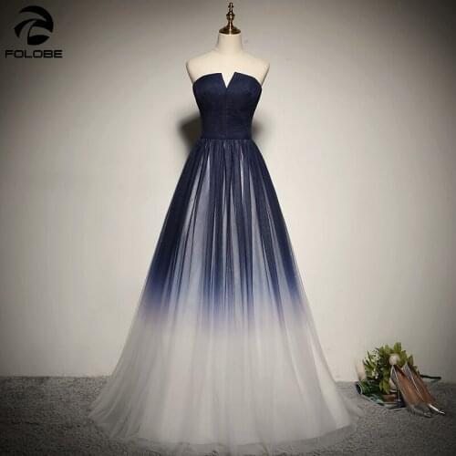 2020 New Blue and White Gradient Tulle Long Evening Dresses Pleated Prom Gowns Formal Party Pageant dress Elegant robe longue